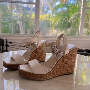 Jimmy Choo Mirabelle Latte Nappa Wedge Leather w Crystal Buckle Sz 38 Us…